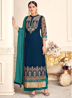 Navy Blue and Teal Faux Georgette Palazzo Style Pakistani Salwar Suit