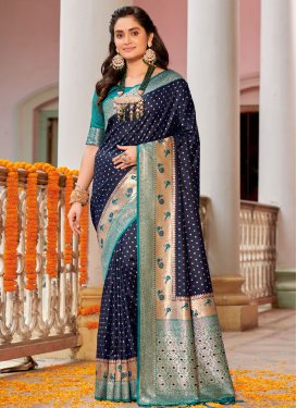 Navy Blue and Teal Woven Work Designer Contemporary Saree