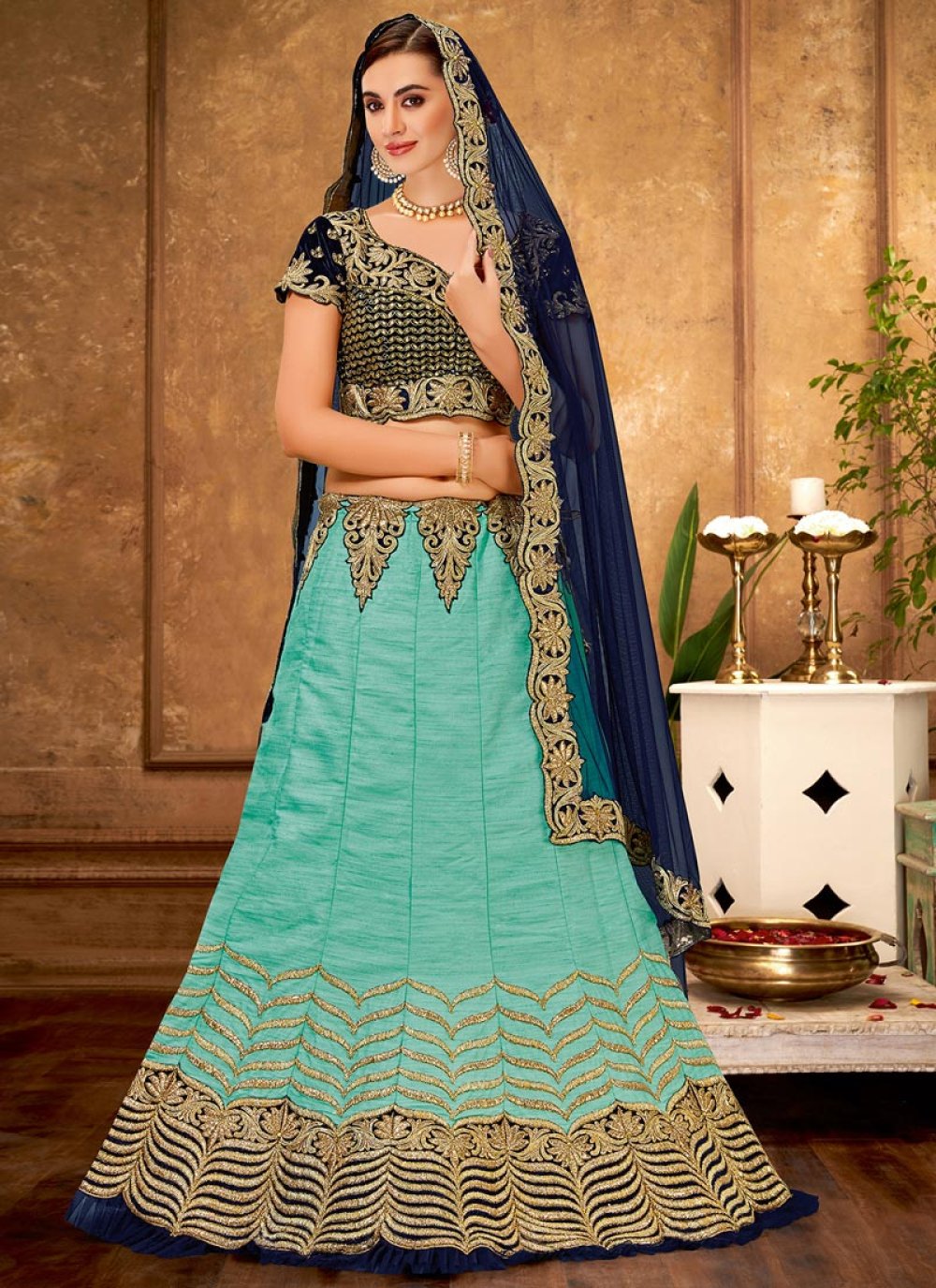 Navy Blue and Turquoise A - Line Lehenga