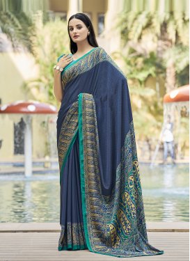 Navy Blue and Turquoise Digital Print Work Trendy Classic Saree