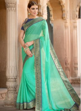 Navy Blue and Turquoise Embroidered Work Traditional Saree