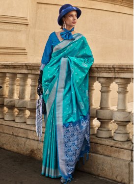 Navy Blue and Turquoise Handloom Silk Designer Traditional Saree