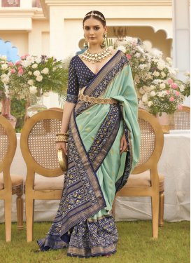 Navy Blue and Turquoise Print Work Designer Contemporary Style Saree