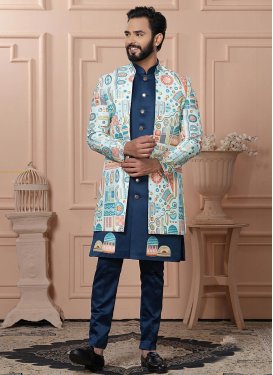 Navy Blue and Turquoise Satin Silk Digital Print Work Indo Western for Men