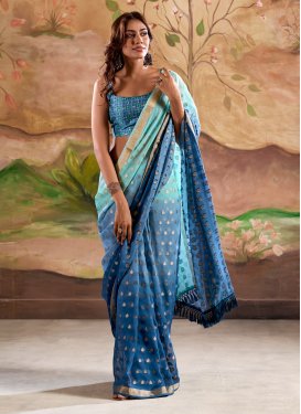 Navy Blue and Turquoise Thread Work Designer Traditional Saree