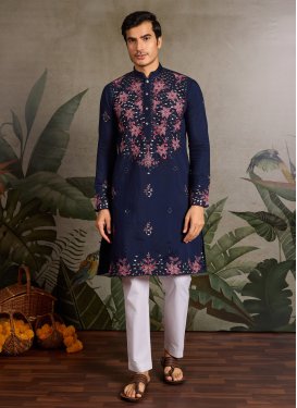 Navy Blue and White Silk Blend Kurta Pajama with Embroidered Work for Party