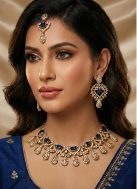 Navy Blue and White Stone Work Alloy Gold Rodium Polish Necklace Set