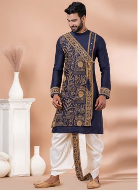 Navy Blue and White Viscose Embroidered Work Dhoti Kurta for Men