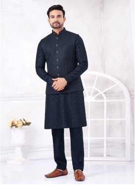 Navy Blue Art Silk Kurta Pajama With Jacket with Embroidered Work for Festival