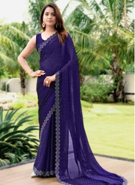 Navy Blue Chiffon Satin Classic Saree with Fancy Work for Festival
