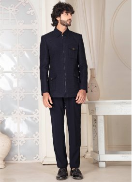Navy Blue Fancy Fabric Jodhpuri Suit with Resham Work for Festival