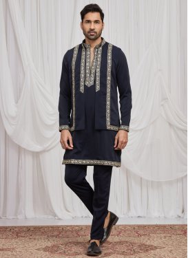 Navy Blue Fancy Fabric Kurta Pajama With Jacket with Cutdana Work for Festival