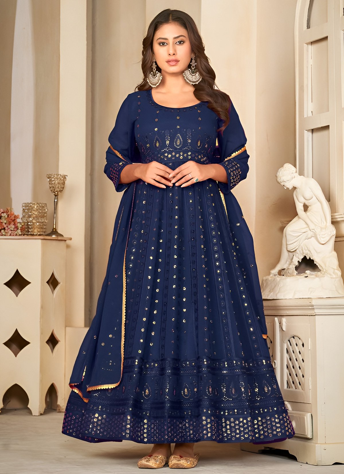 Dusty Teal Blue Slit Style Embroidered Georgette Skirt Anarkali Suit