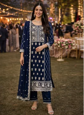Navy Blue Georgette Embroidered Work Readymade Salwar Suit for Women