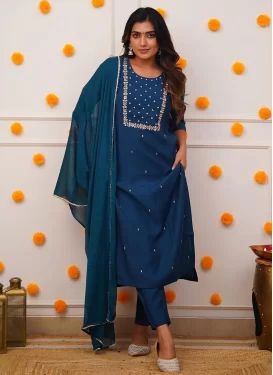Navy Blue Rayon Readymade Salwar Suit with Embroidered Work for Ceremonial