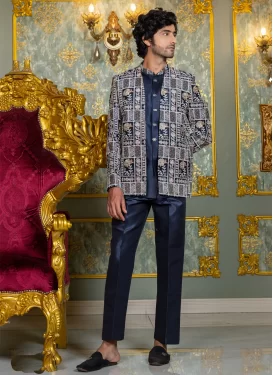 Navy Blue Silk Jodhpuri Suit with Embroidered Work for Party