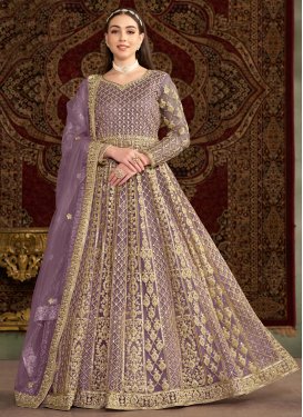 Net Anarkali Suit with Embroidered Work in Violet for Festival