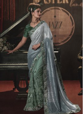 Net Beads Work Sea Green and Silver Color Designer Contemporary Style Saree