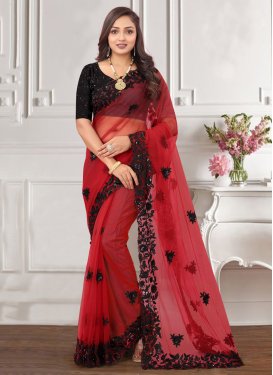Net Black and Red Designer Contemporary Style Saree