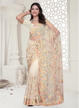 Net Classic Saree in Cream with Embroidered Work for Party