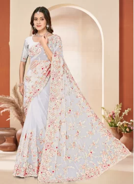 Net Classic Saree in Off White with Embroidered Work for Festival
