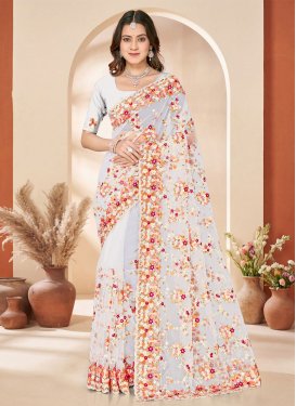 Net Classic Saree in White with Embroidered Work for Festival