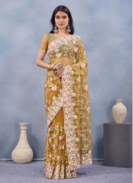 Net Classic Saree with Embroidered Work for Bridal in Mustard