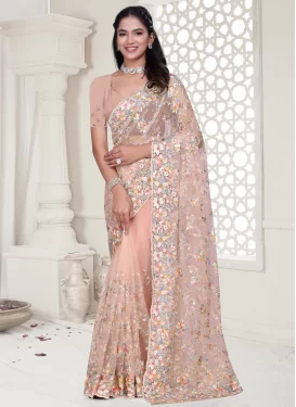 Net Classic Saree with Embroidered Work for Festival in Salmon