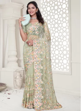 Net Classic Saree with Embroidered Work for Party in Sea Green