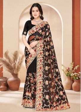 Net Classic Saree with Embroidered Work in Black