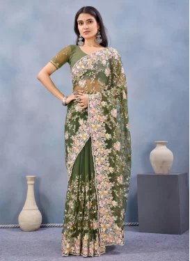 Net Classic Saree with Embroidered Work in Green