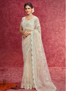 Net Classic Saree with Embroidered Work in Off White