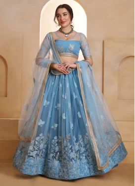 Net Designer Lehenga Choli in Light Blue with Cutdana Work for Women