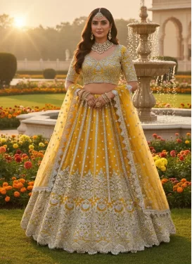 Net Designer Lehenga Choli in Yellow with Embroidered Work for Women