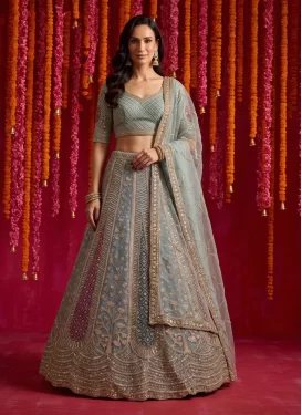 Net Designer Lehenga Choli with Beads Work in Aqua Blue
