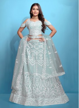 Net Designer Lehenga Choli with Embroidered Work for Festival in Firozi Net Designer Lehenga Choli with Embroidered Work for Festival in Firozi