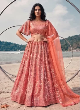 Net Designer Lehenga Choli with Embroidered Work for Festival in Salmon