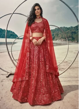 Net Designer Lehenga Choli with Embroidered Work in Red