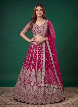 Net Designer Lehenga Choli with Embroidered Work in Rose Pink