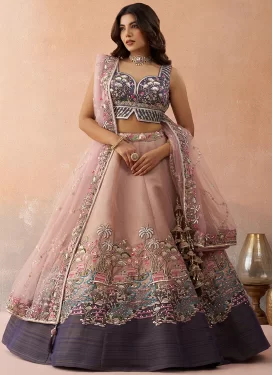 Net Designer Lehenga Choli with Embroidered Work in Salmon for Festival