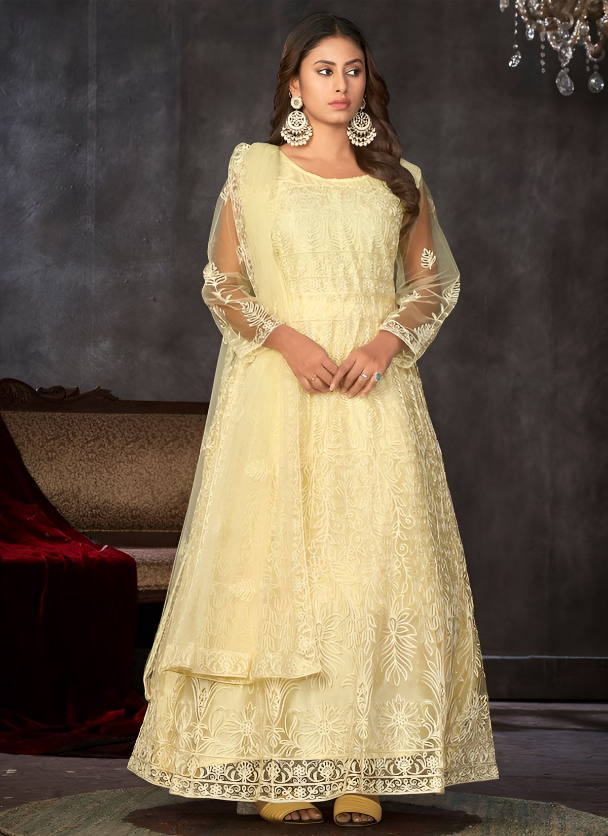 Charming Yellow Floor Length Sequins Work Anarkali Suit