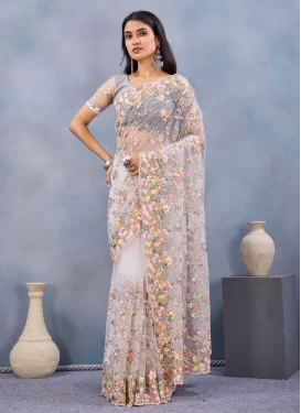 Net Embroidered Work Traditional Saree in White