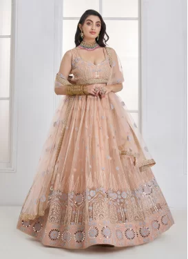 Net Embroidered Work Trendy Lehenga Choli in Peach