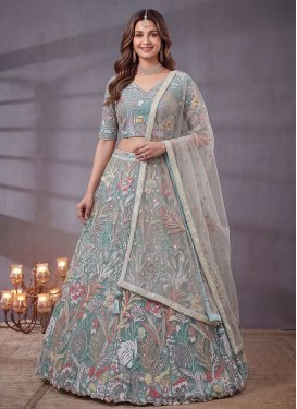 Net Embroidered Work Trendy Lehenga Choli in Turquoise