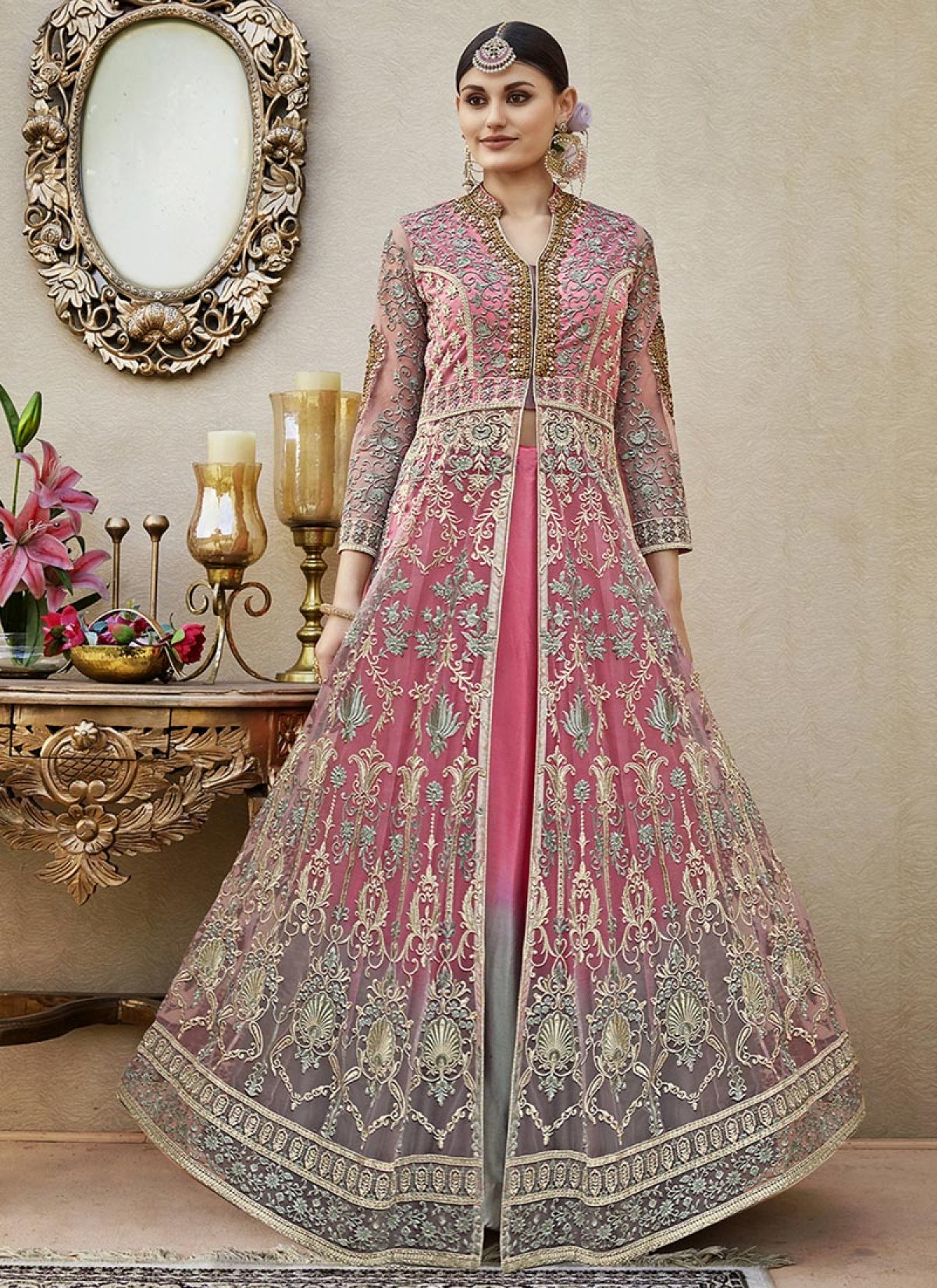 Buy Net Grey and Hot Pink Designer Kameez Style Lehenga Choli Online