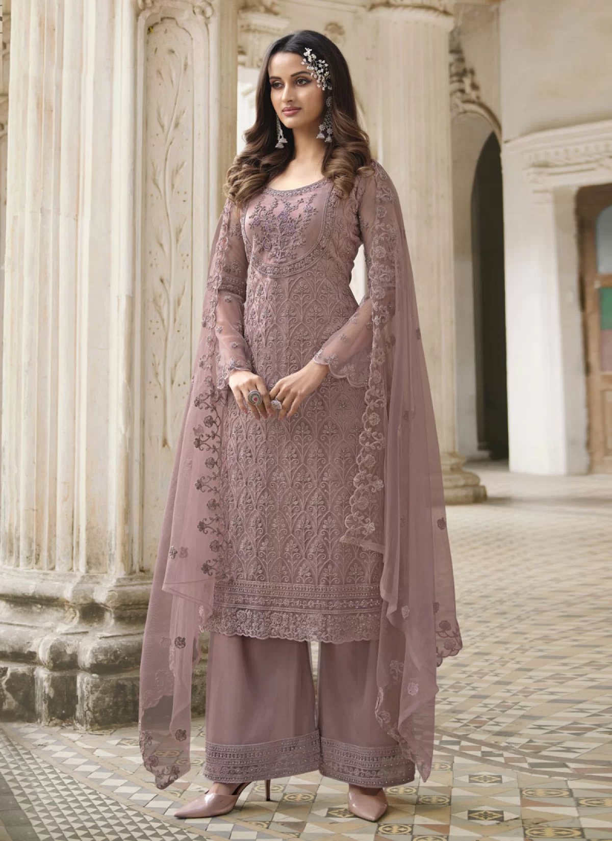 Beautiful pretty purple in color designer Heavy Net With Coding Work and online Stone salwar suit