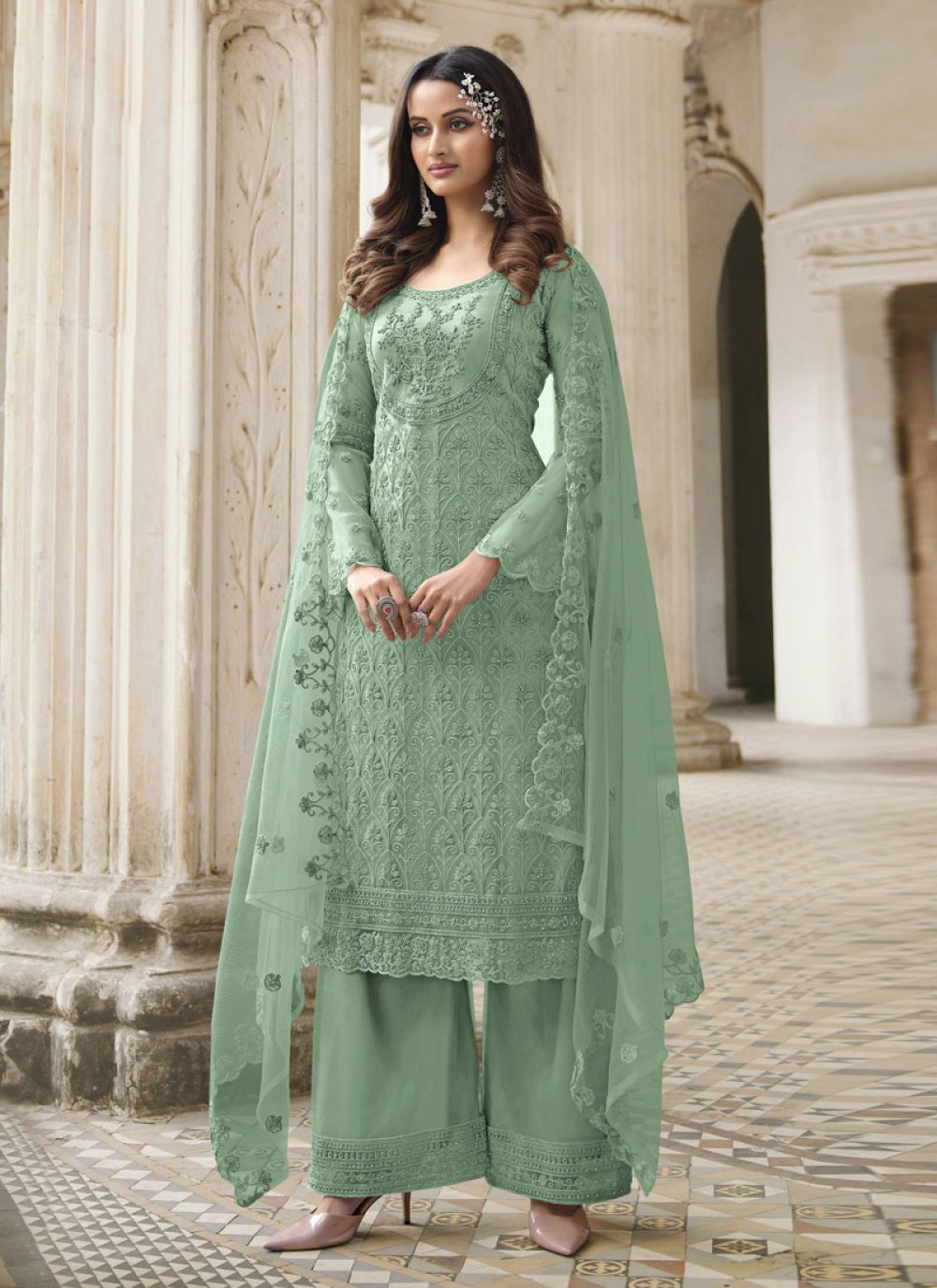 Net Palazzo Style Pakistani Salwar Suit For Ceremonial