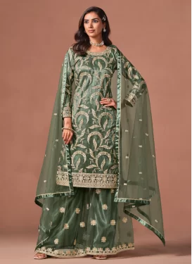 Net Palazzo Suit in Green with Embroidered Work for Festival