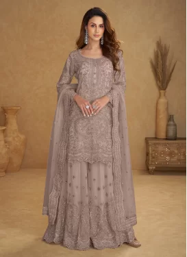 Net Palazzo Suit in Grey with Embroidered Work for Party