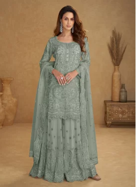Net Palazzo Suit with Embroidered Work in Aqua Blue